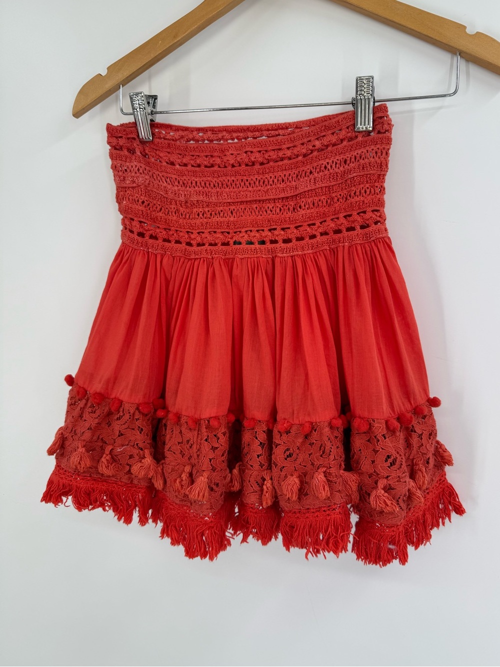 Antica Sartoria Cotton Crochet Lace Tassel Mini Skirt | Coral | One Size